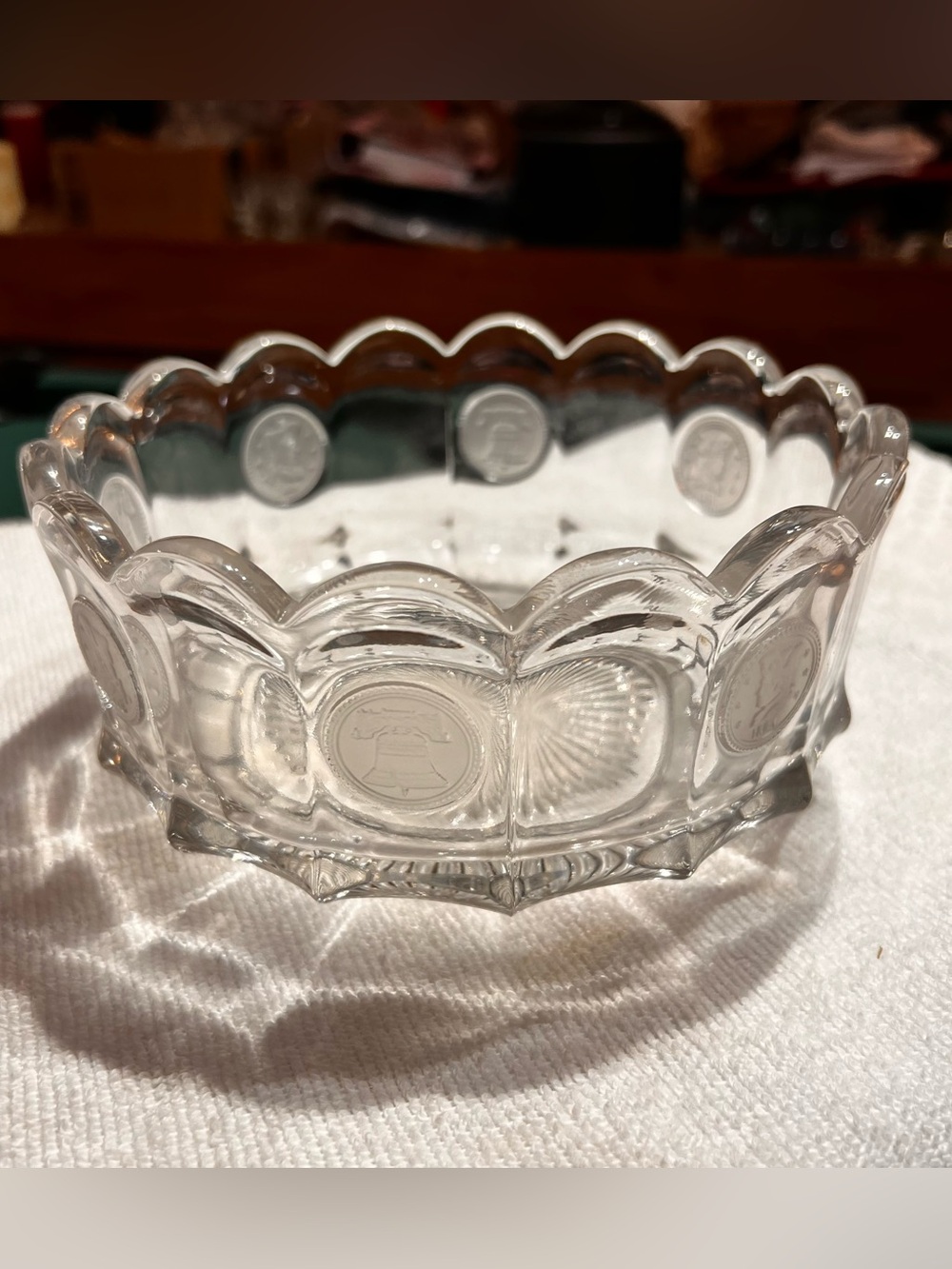 Vintage 1950’s Fostoria Clear Coin Glass Round Serving Bowl with Scalloped Edges